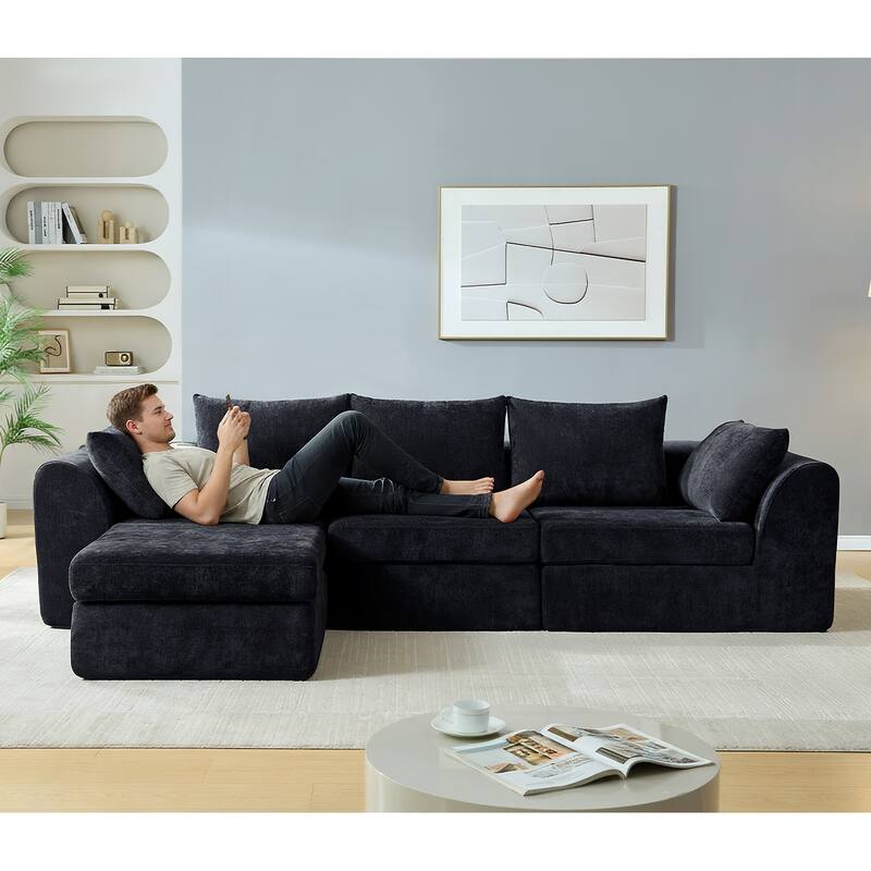 118 inch Oversized 3 Seater Deep Seat L-Shaped Sectional Couches Cloud Chenille Modular Boneless Sofa with Movable Ottoman