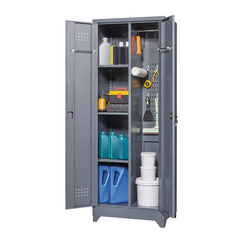 Cleaning Tool Storage Cabinet With Locking Doors And Shelves, Hanging Rod & S-Hooks