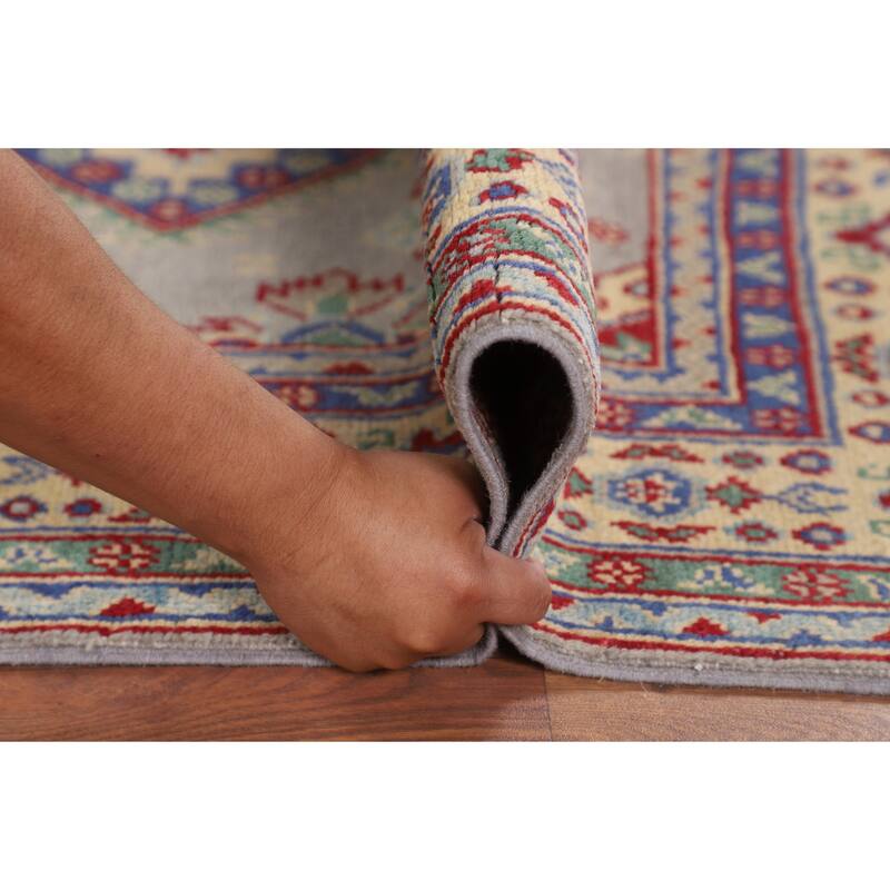Gray Geometric Kazak Accent Rug Handmade Wool Carpet - 3'3" x 5'0"