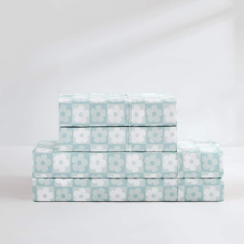Lush Decor Daisy Checkered Aqua Sheet Set