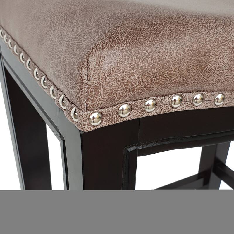 2-Pcs Set Wooden Frame Barstool, Nailhead Trim Saddle Bar Chair, Backless Counter High Chair, Upholstered Dining Chair