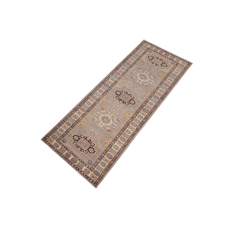 Southwestern Kazak Haley Gray/Beige Wool Runner - 2'10'' x 9'6''