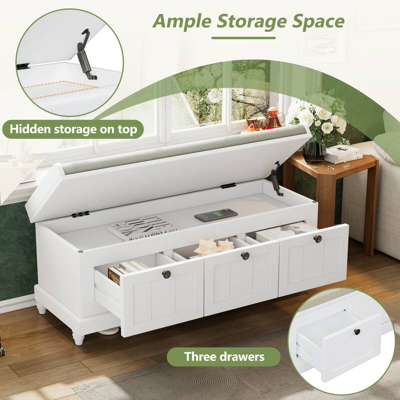 Classic Storage Bench with Cushioned Seat and 3 Drawers
