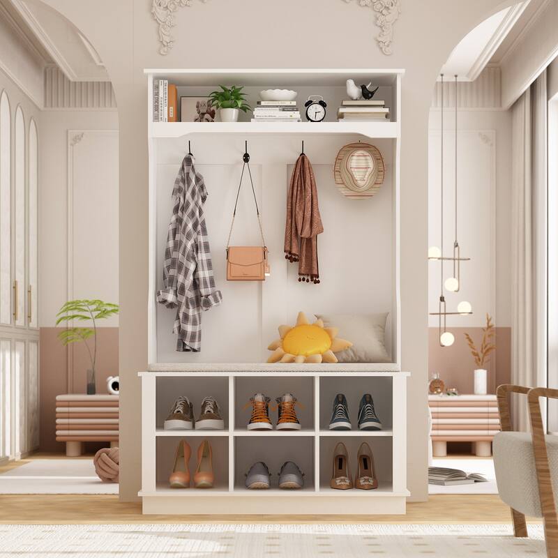 Cubby Wide Hall Tree With Bench Coat Hook 17.3" D x 39.8" W x 67.1" H