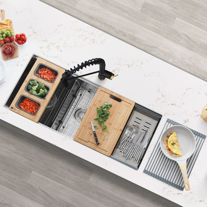 STYLISH 42 inches Workstation 70/30 Double Bowl Undermount 16 Gauge Stainless Steel Kitchen Sink with Accessories included