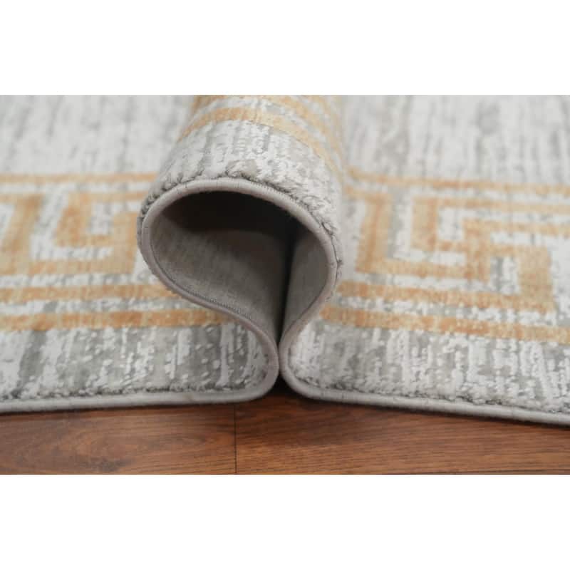 Machine Made Oriental Polyester Carpet Geometric Greys & Charcoal Distressed Area Rug - 7' 5'' X 5' 2''