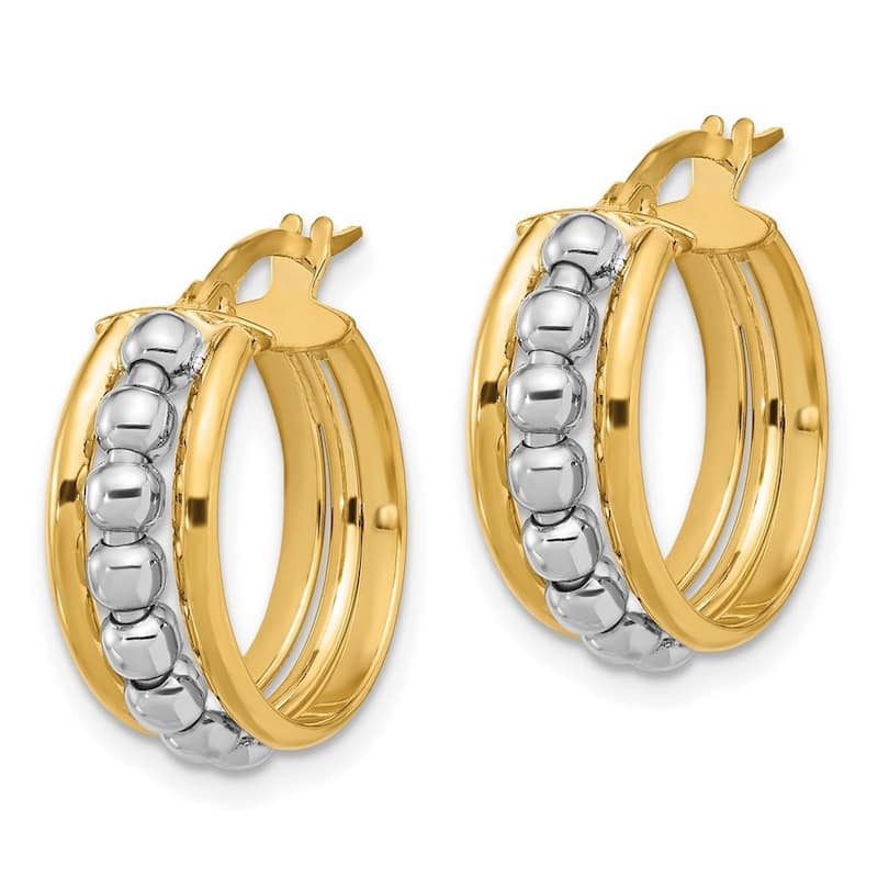 Curata 14k Two Tone Gold Polished and Beaded Hoop Earrings - 19.3x19.2mm