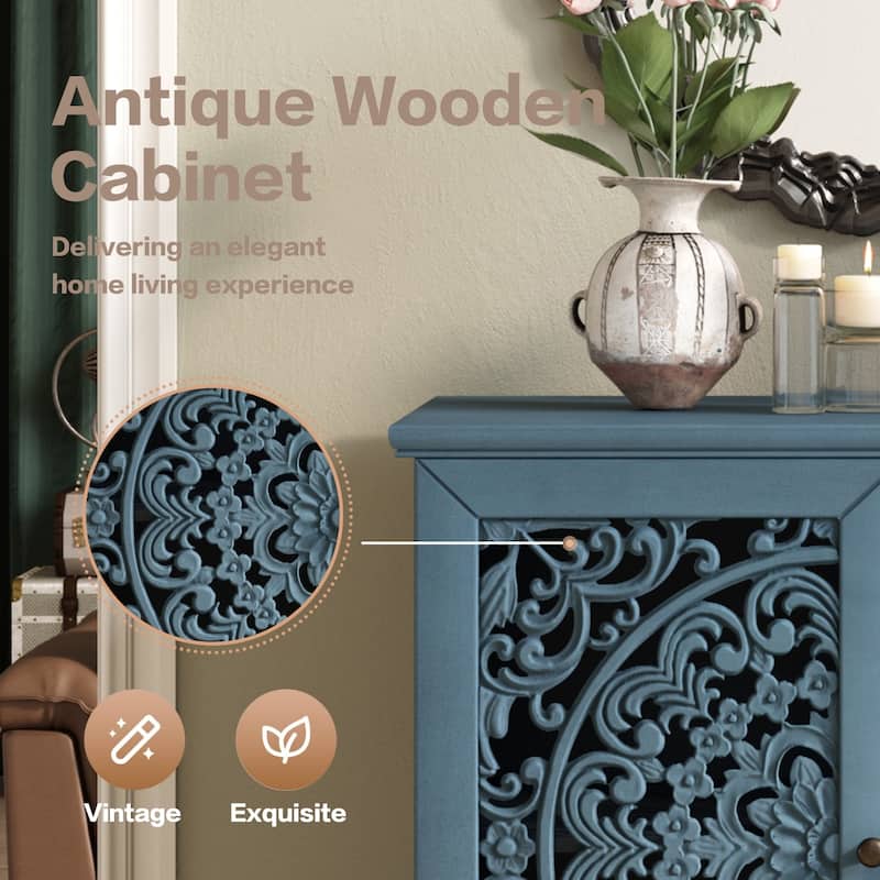 Vintage Hollow-Carved 2-Door Accent Cabinet with Floral Design, Adjustable Shelf and Solid Wood Legs, 31.5'' Sideboard