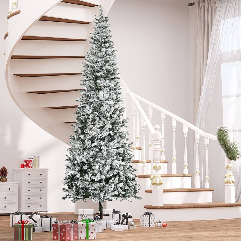 Realistic 9ft Snow-Flocked Slim Pine Christmas Tree with Automatic Open and Sturdy Steel Base, Xmas Tree for Home Holiday Decor