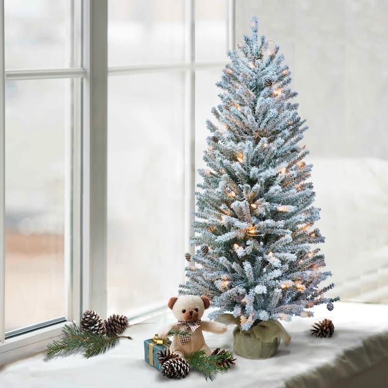 Puleo International Pre-Lit 4' Flocked Fir Artificial Christmas Tree