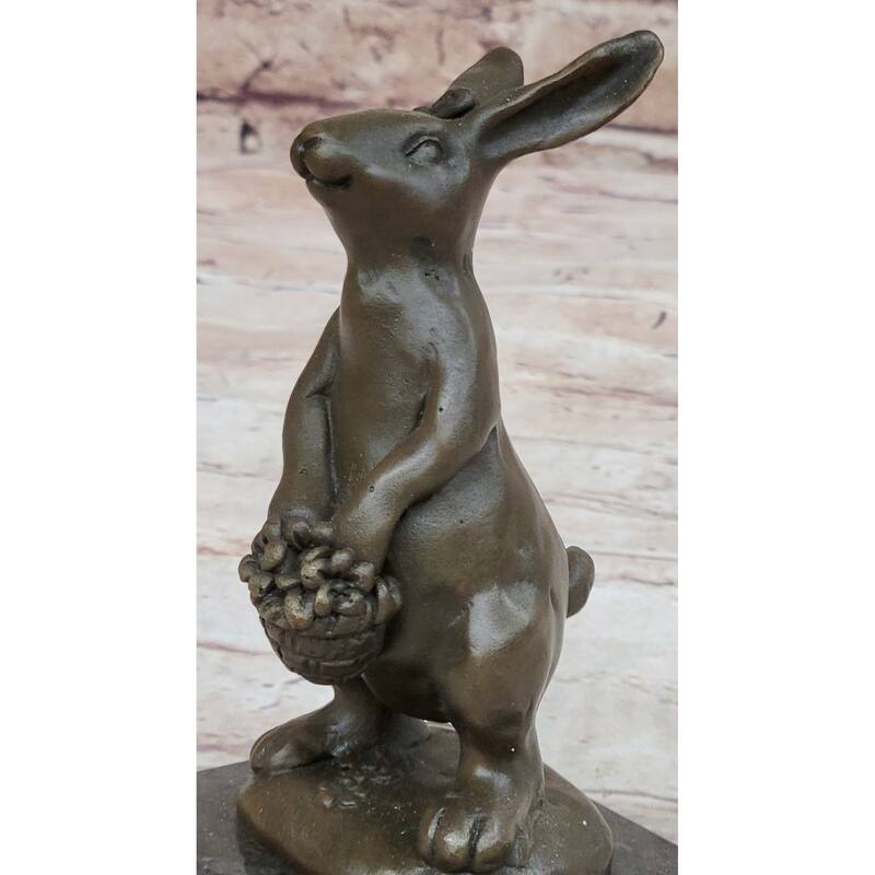 Easter Bunny Imitative Rabbit Holding A Basket Bronze Sculpture Statue Figure On Marble Base