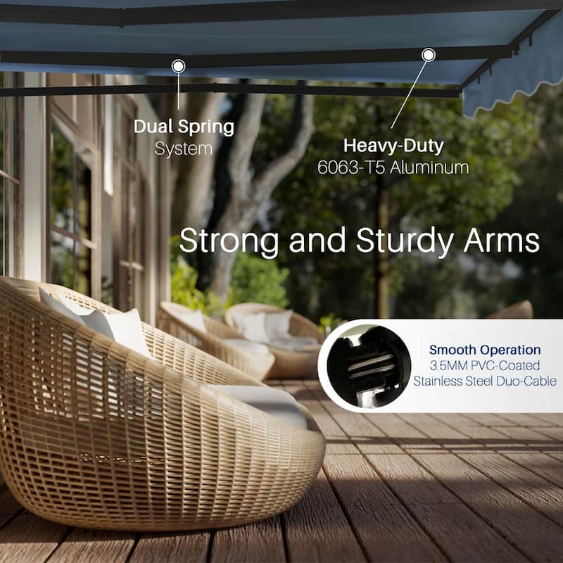 ALEKO Caribbean Manual Retractable Patio Awning - Black Frame - Sky Blue - 10 x 8 Feet