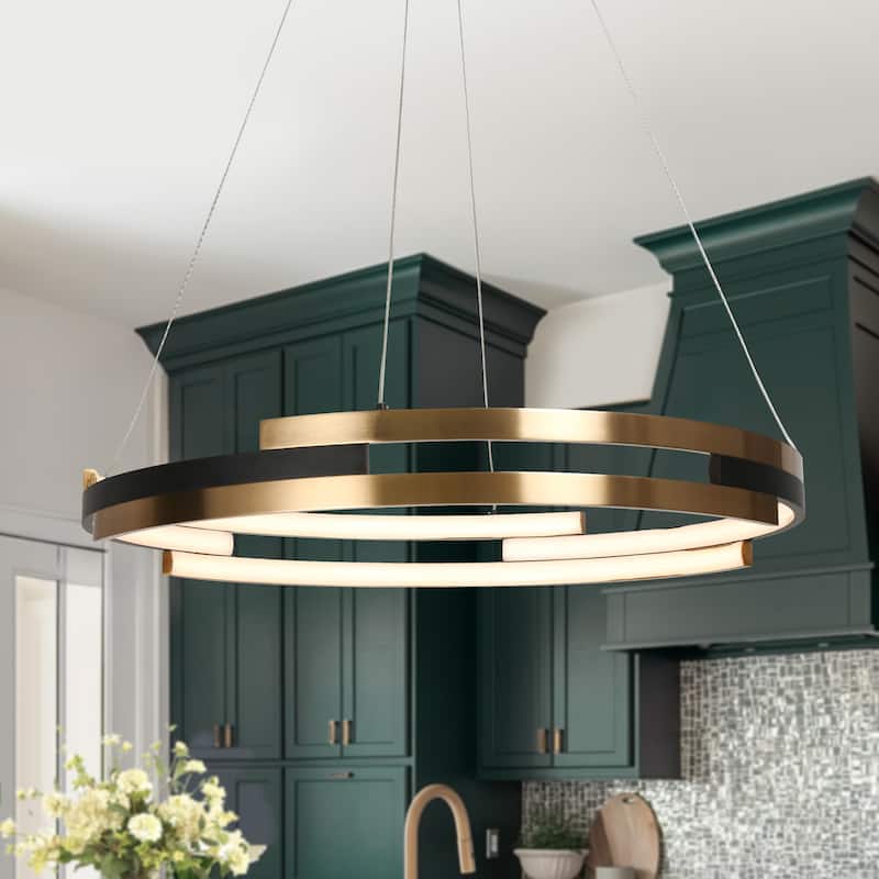 Modern Contemporary Black Gold Wheel Chandelier Integrated LED Round Pendant Light for Dining Room - 25.5" D x 63.5" H