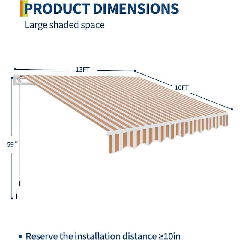 13'x10' Retractable Waterproof Patio Awning, Sun Shade Awning with Manual Crank Handle - N/A