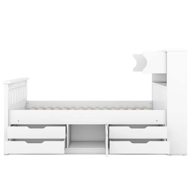 Twin Size Platform Bed Frame with Storage, Bookcase Headboard, Four Drawers, White