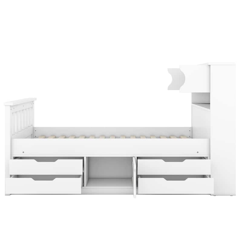 Twin Size Platform Bed with 4 Drawers, Bookcase Headboard, and Storage Shelves, Space-Saving Design, Sturdy and Quiet Frame