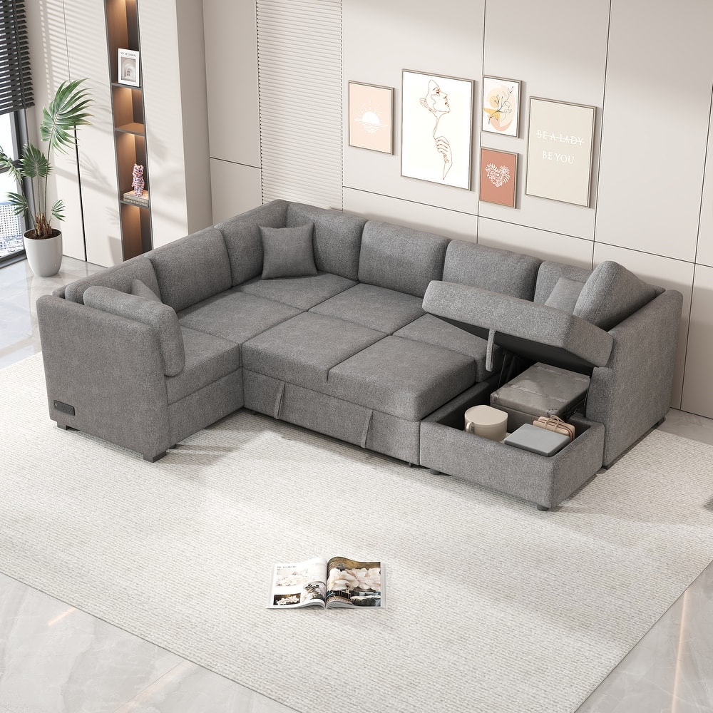 Living Room Chenille U-shaped Sectional Sofa, Pull out Sofa Bed with 2 USB Ports, 3 Back Pillows and Storage Chaise