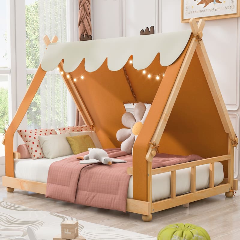 Whimsical Tent House Bed with Lights and Skylight by Harper&Bright Designs - Brown - Full