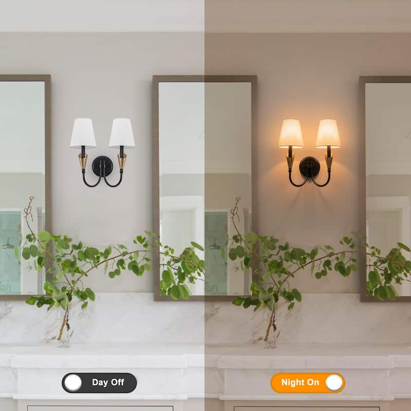 2-Light Matte Black & Gold Wall Sconce Traditional Fabric Shades