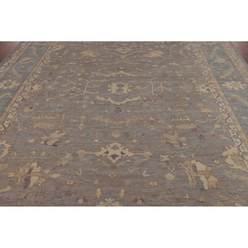 Vegetable Dye Floral Oushak Turkish Rug Hand-Knotted Grey Wool Carpet - 9'4"x 11'8"