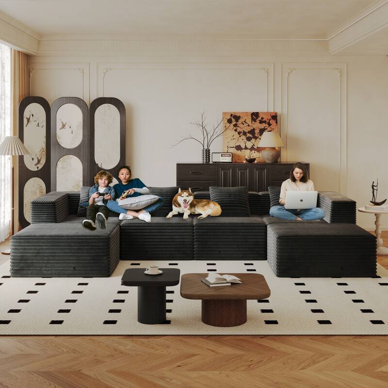 Modular Boneless Sectional Sofa, Deep Seat U-Shaped Corduroy Couch