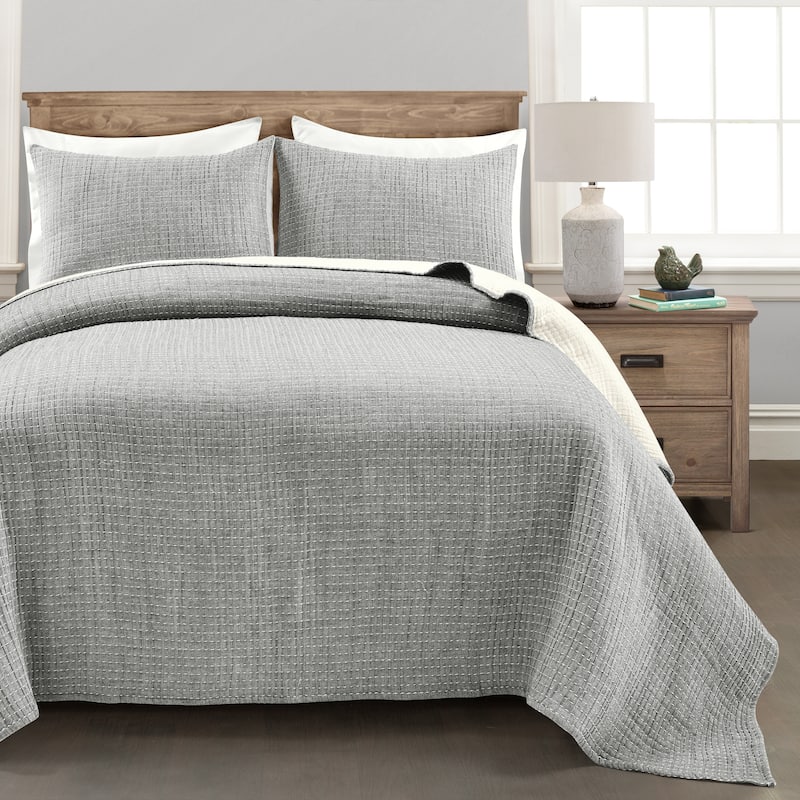 Lush Decor Solid Kantha Pick Stitch Woven Cotton 3-piece Quilt Set - Light Gray - King