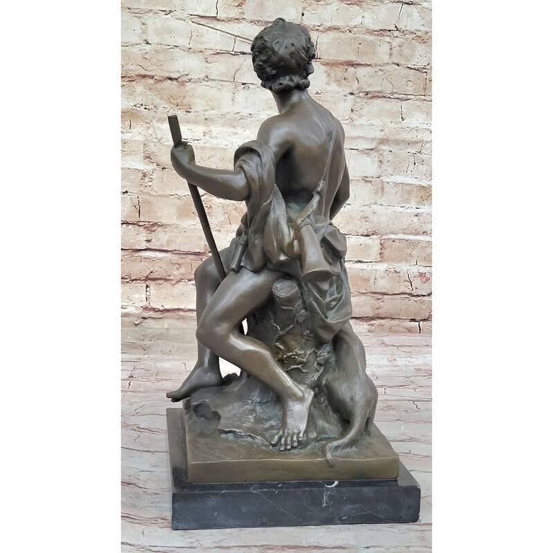 Muscular Male Shepherd With His Imitative Dog - Bronze Sculpture By Barbedienne On Marble Base