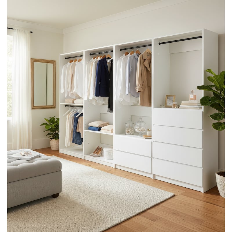 Prosper White Freestanding Walk in Wood Closet System - 125.6"W x 15.7"D x 83" H