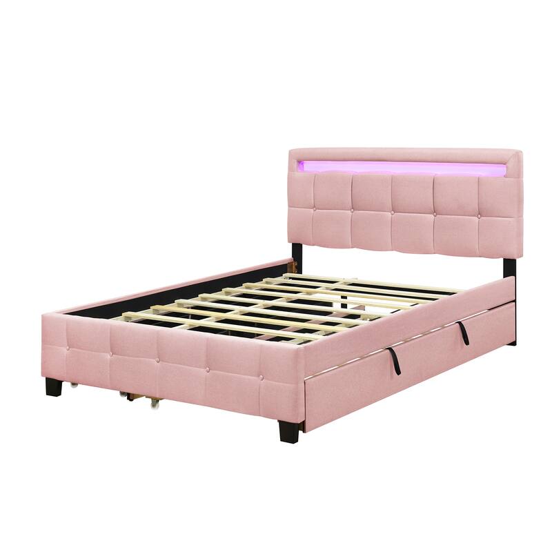 Queen Size Linen Upholstered Platform Bed with Twin XL Trundle and 2 Drawers Wood Storage Bed Frame with LED & Tufted Headboard