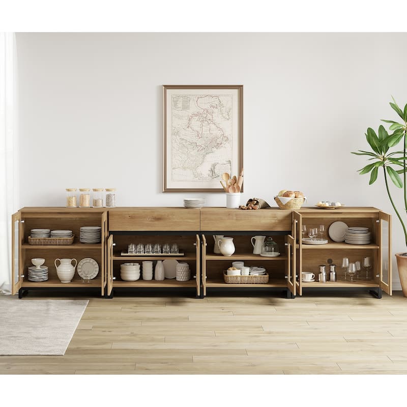 4-in-1 TV Stand for 120" TVs, Modern Console with Glass Doors & 2 Drawers