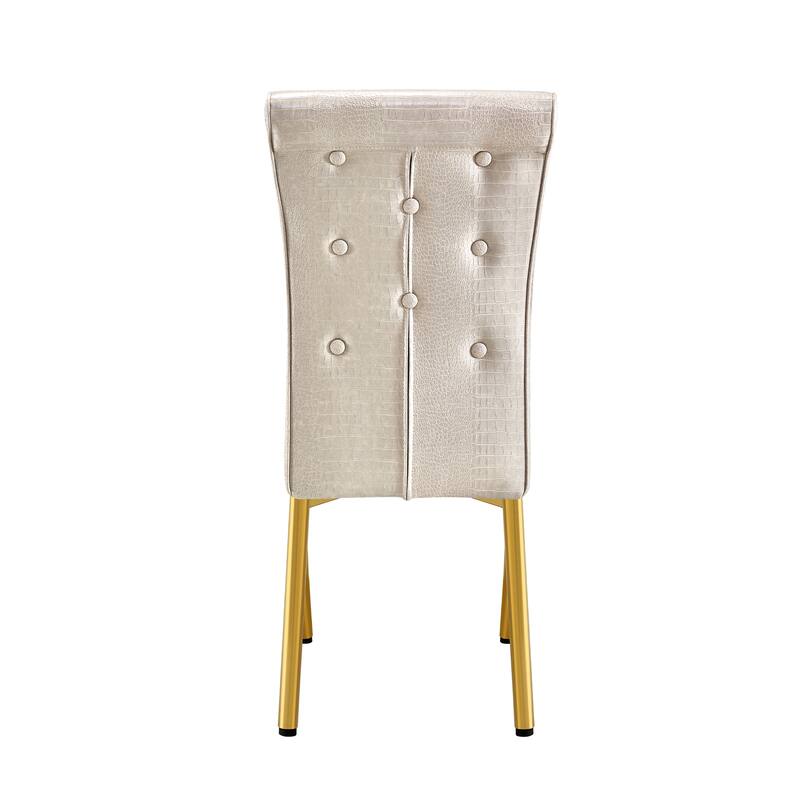 A set of 2 vintage crocodile leather cushioned dining chairs, featuring crystal clasp design and artificial leather design