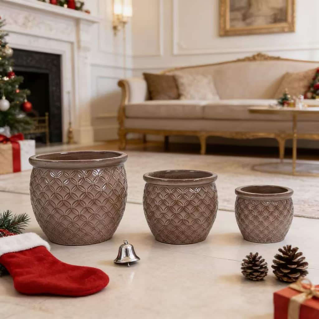 3 Pack Handmade Glazed Ceramic Planter, Ring Pattern Planter Pot