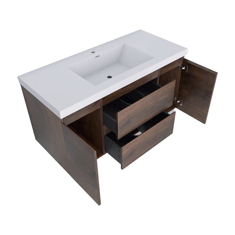 MDF Wall-Mounted Bathroom Vanity Set in Rose Wood with Integrated Culture Marble Sink
