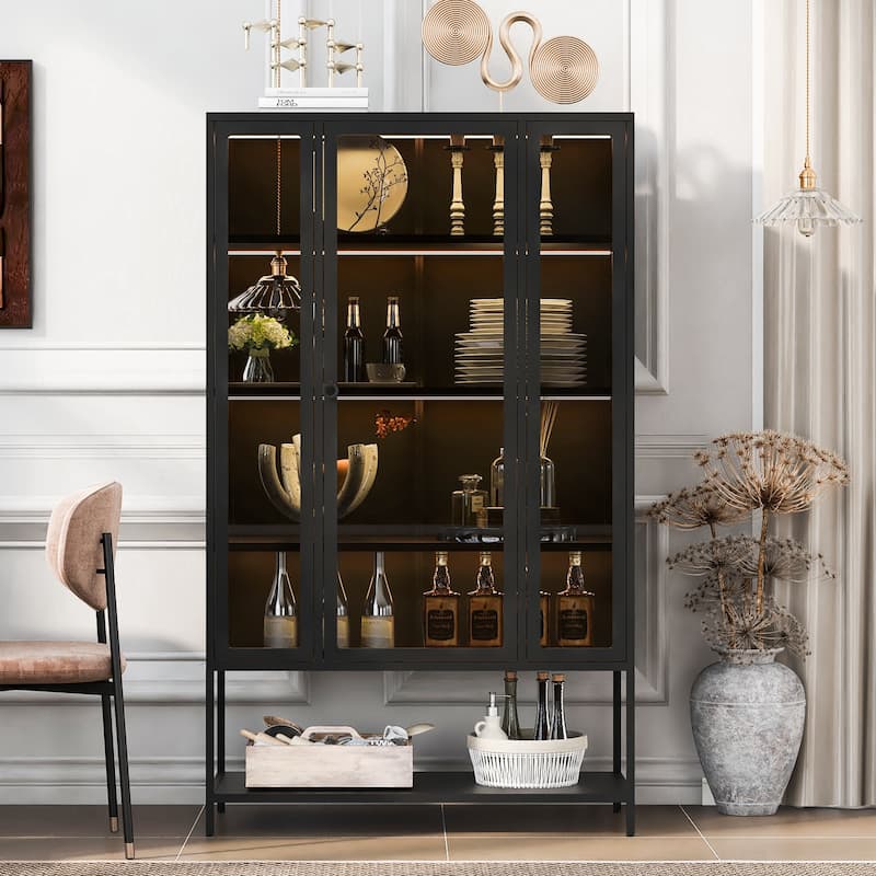 67.25"Tall Iron Display Cabinet with Glass Door and LED Lights Steel Curio Cabinet 3-Sided Glass Display Case