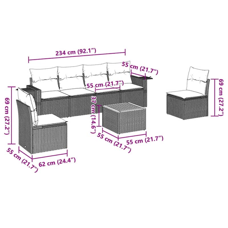 vidaXL Garden Sofa Set PE rattan 7-seater Foldable - 21.7 x 21.7 x 14.6 in (W x L x H)