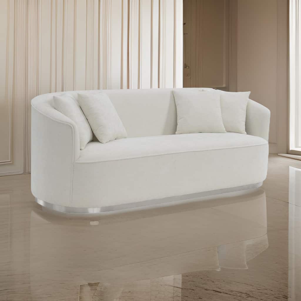 Oggy 83 Inch Sofa, 4 Throw Pillows, Barrel Shape, Soft Beige Chenille