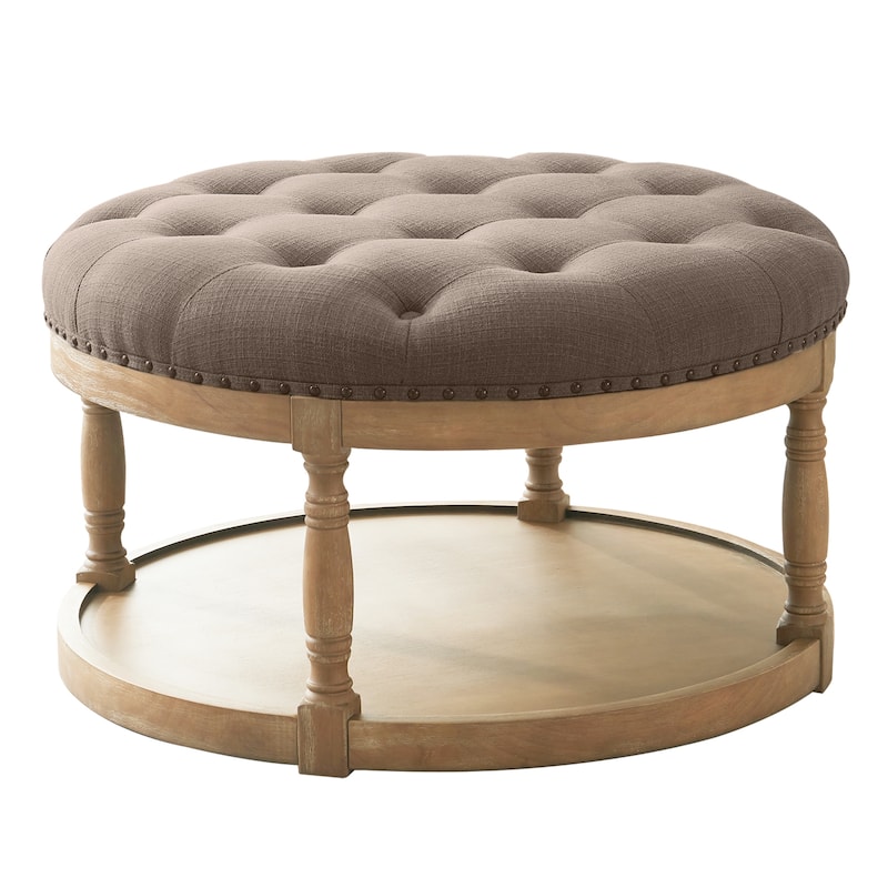 HUIMO 33in Round Upholstered Solid Wood Ottoman Coffee Table with Storage Shelf - Brown