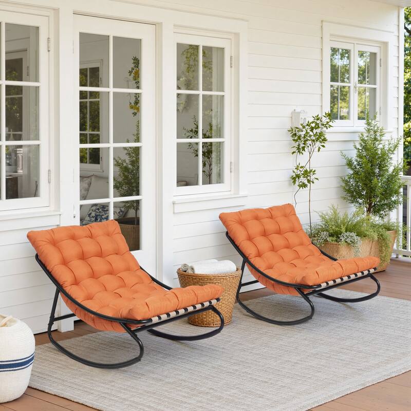 Outdoor Metal Frame Rocking Chair with Water-Resistant Cushions - Orange/2 Set - 2 Set