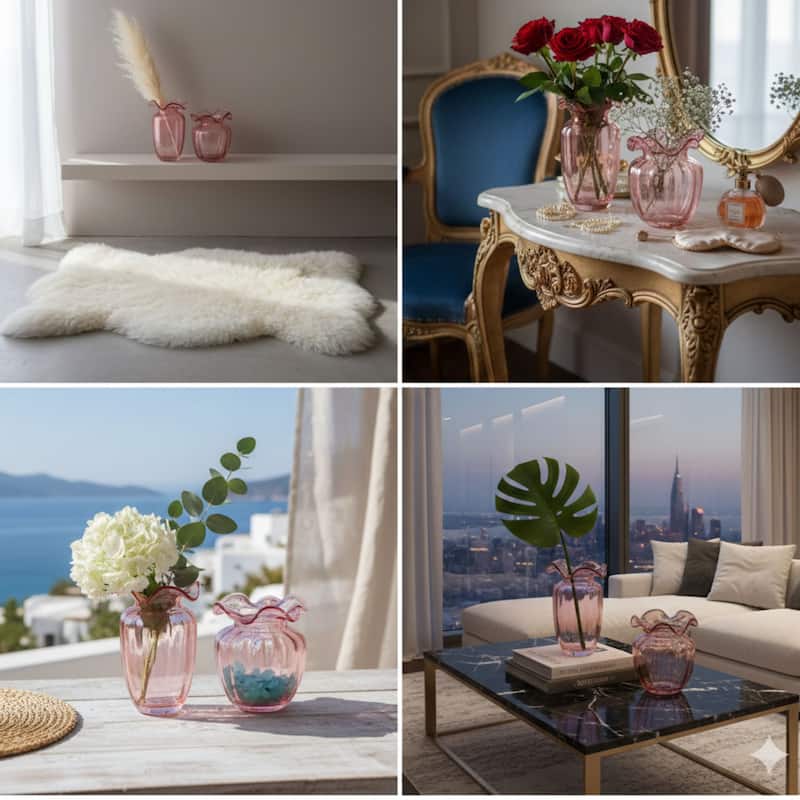 Fleurine Set of 2 Fluted Blooming Decorative Glass Flower Table Vases