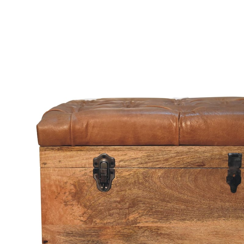 Artisan Furniture Solid Wood Buffalo Hide Oak-ish Storage Trunk, Brown with storage