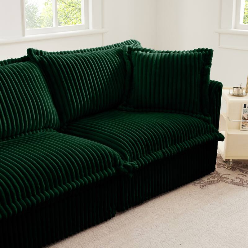Corduroy 2-Seater Sectional Sofa with Convertible Ottoman & Pillows
