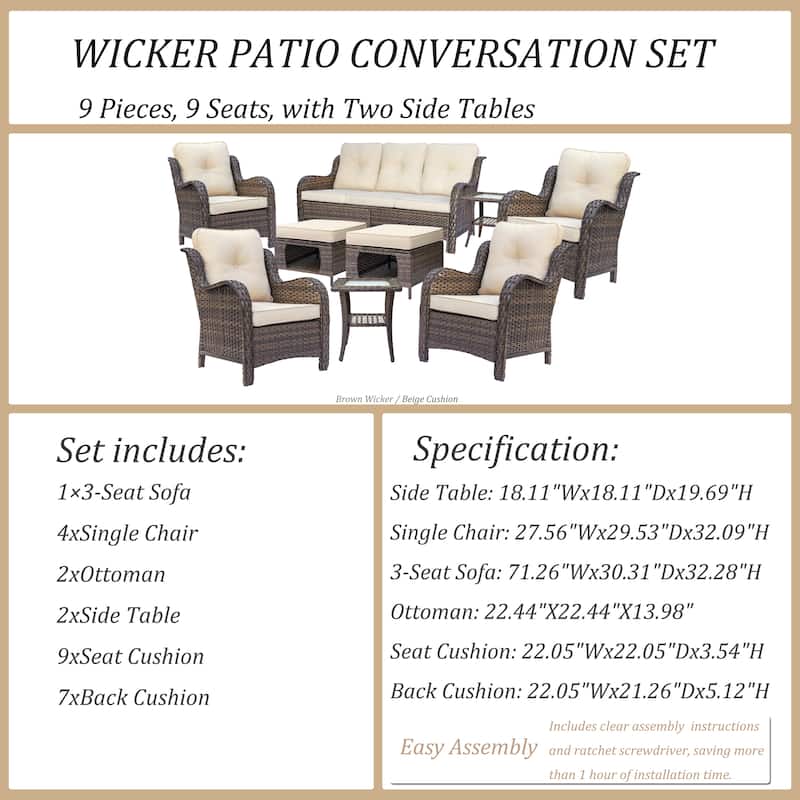 Outdoor Brown Wicker Patio Furniture Seating Sets with Beige Cushions