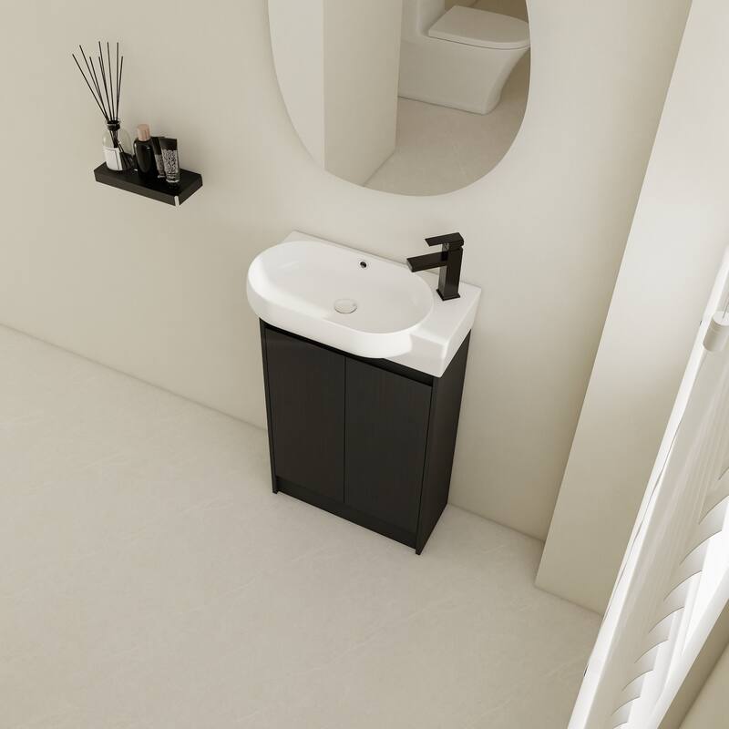 23" Bathroom Vanity with Round Ceramic Sink, Soft-Close Hinges, and Spacious Storage - Black Chestnut Finish