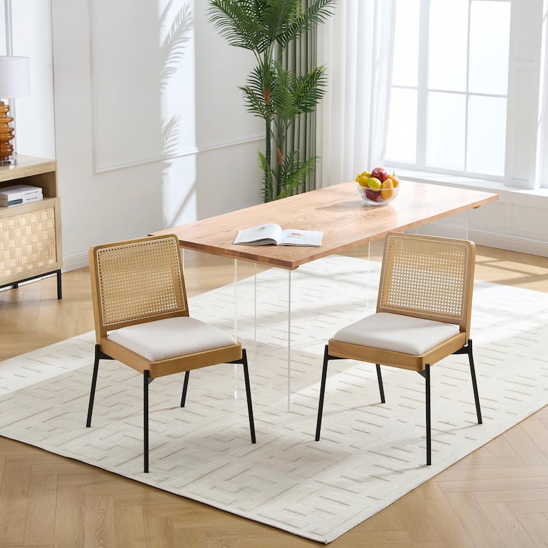 Mid-Century Dining Chairs Set of 2, Accent Linen Fabric Side Chairs with Rattan Backrest and Metal Legs
