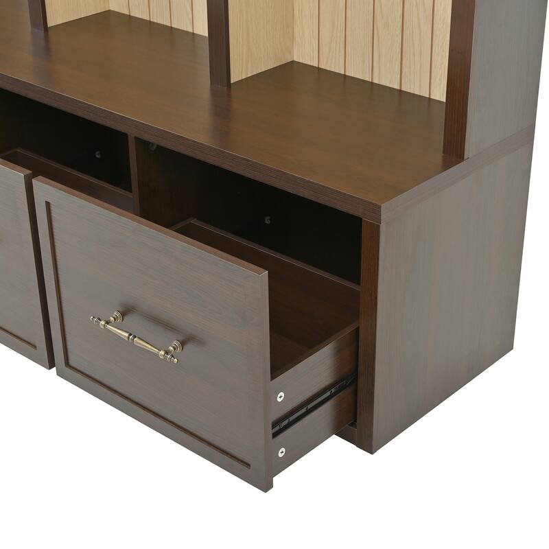 Farmhouse Hall Tree Bench with Arched Design, 8 Hooks & 3 Storage Drawers, 59" Wide Entryway Coat Rack