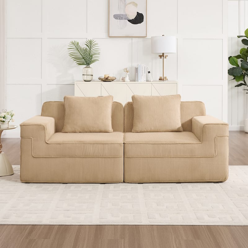 2-Seater Loveseat Boneless Sofa Couch with Deep Seat, Comfortable Modular Sofa Couch with Throw Pillows - Camel