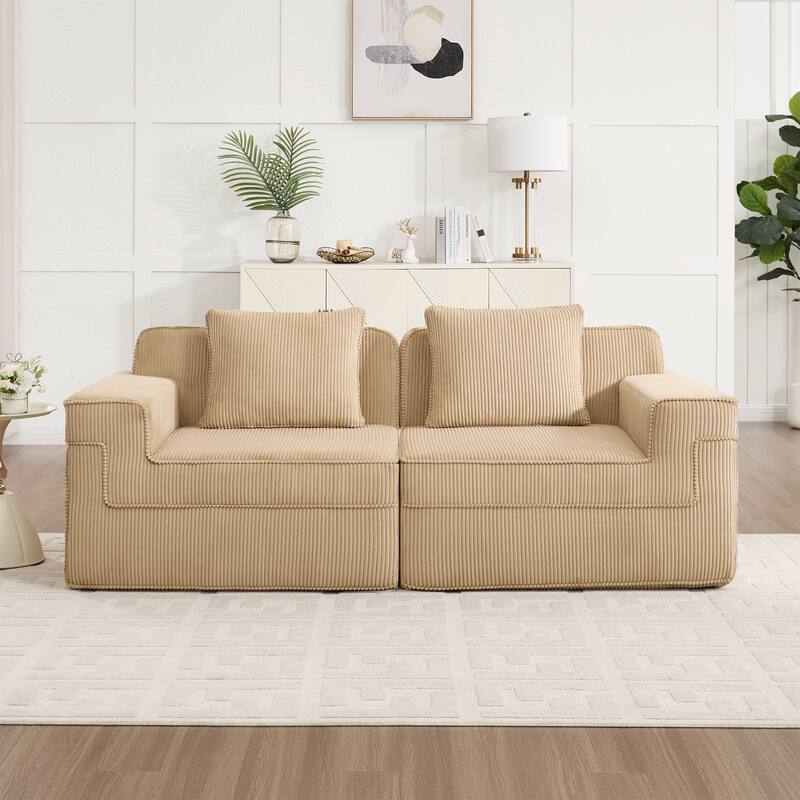 Modular 2-Seat Boneless Sofa, Modern Sectional Couch with Deep Seats, Wide Armrests, Corduroy Loveseat with Throw Pillows