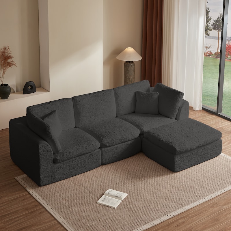 110" Cloud Sectional Couches for Living Room, Convertible L-Shape Couch with Ottoman, 3 Seater Modular Sectional Sofa