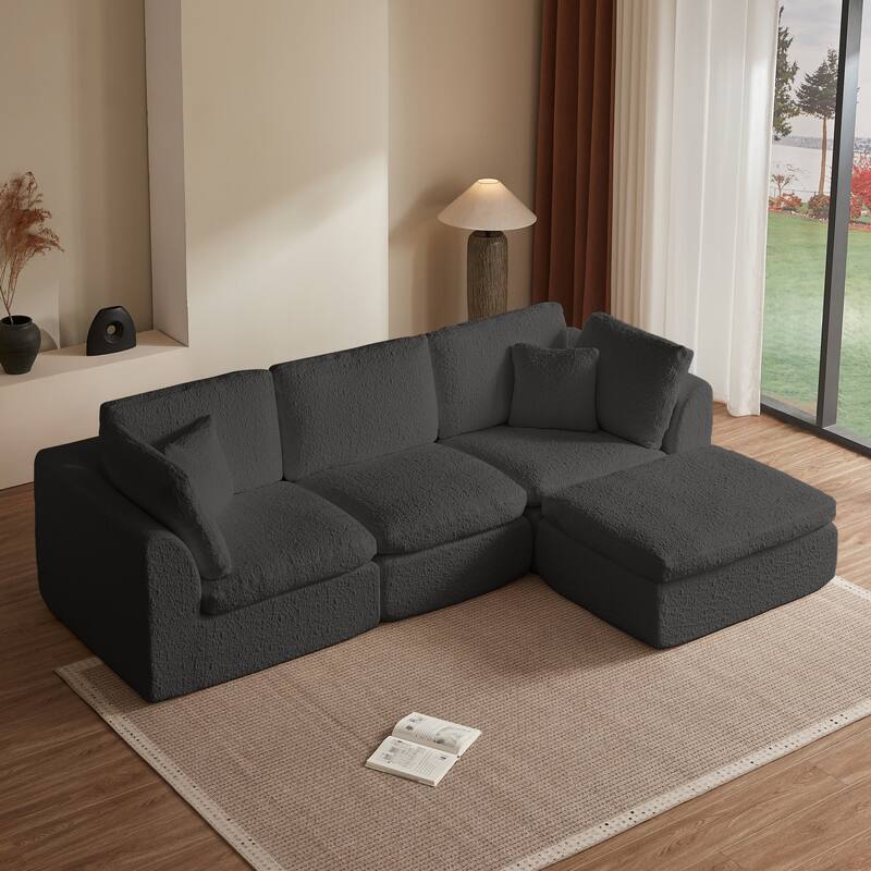 L-Shaped Convertible Cloud Sectional Sofa, Oversized Chenille Fabric Compressed Sofa, Modular 3 Seater Sofa with Ottoman