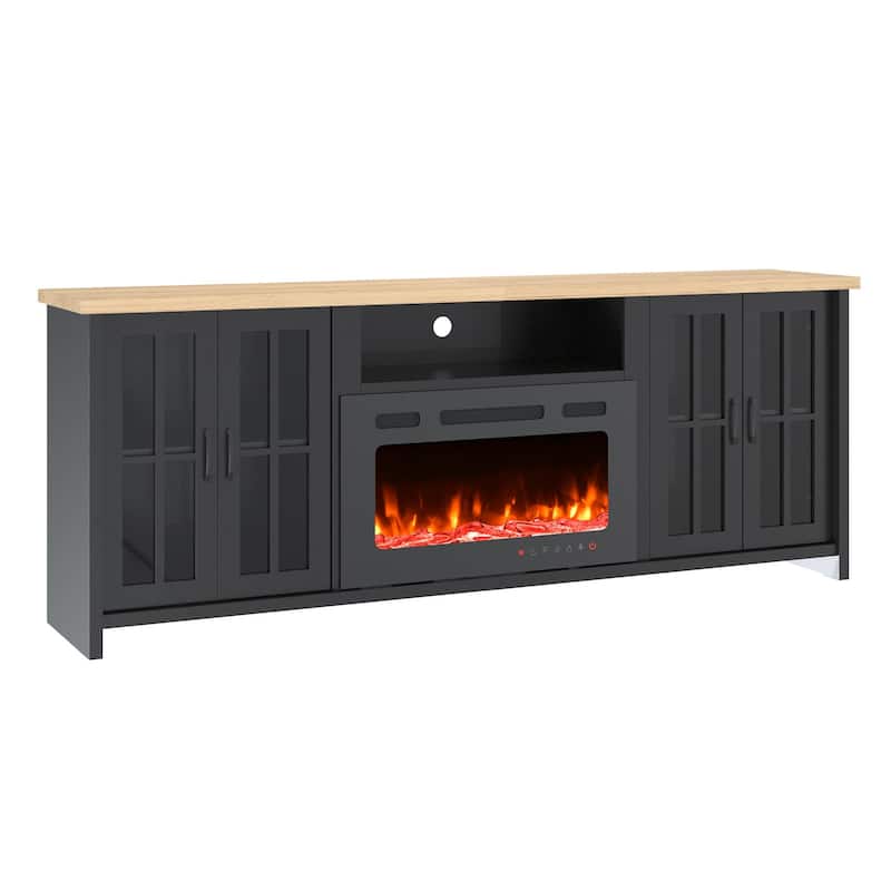 EROMMY 78"/ 97" Fireplace TV Stand with Electric Fireplace, Farmhouse Media Console with LED Lights, Glass Doors